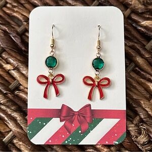 New Handmade Gold-Tone Red, Green, and Gold Bow Dangle Earrings